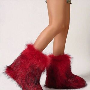 SHEIN Red and Black Faux Fur Winter Boots